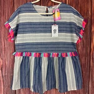Andree by Unit Blouse Stripe Tassels Blue Size Large L NWT